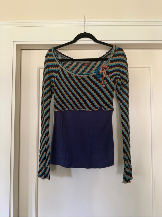 Anthropologie Sweaters - Anthropologie Blue/Brown Diagonal Stripe Crochet Knit Top, L (NWT) — Runs Small